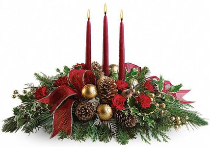 All is Bright designed by Winnipeg Florist-Valley Flowers. Long lasting centerpiece with candles