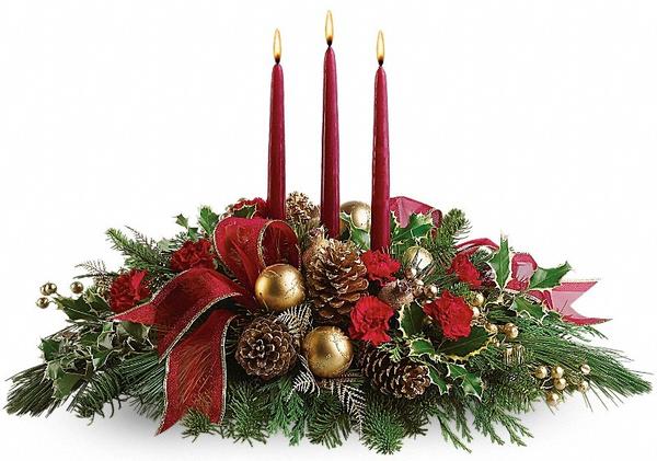 All is Bright designed by Winnipeg Florist-Valley Flowers. Long lasting centerpiece with candles