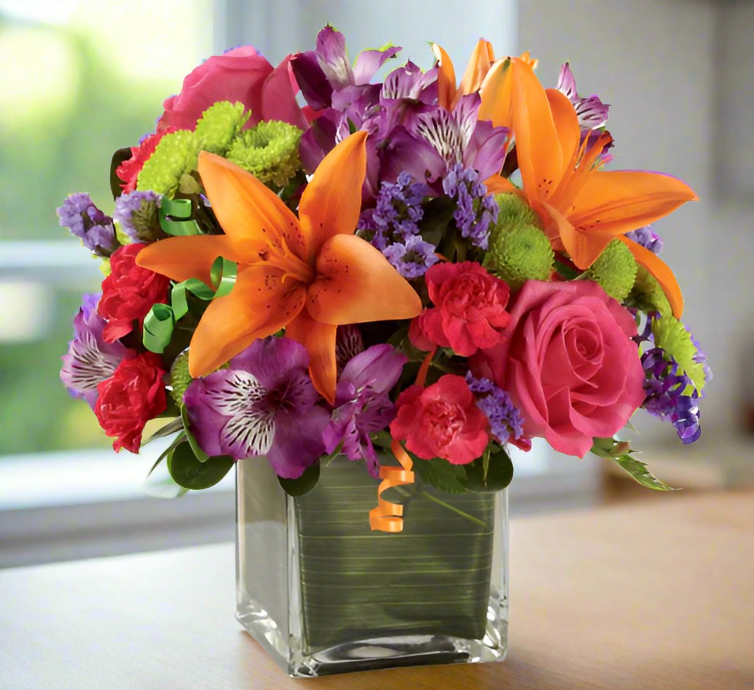 Orange lily with colorful roses, carnations and daisy to send some Birthday cheer.